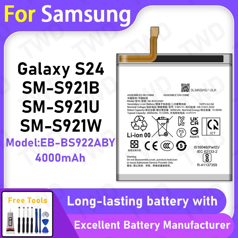 100% New 4000mAh EB-BS922ABY Battery For Samsung Galaxy S24/SM-S921B Battery Replacement Bateria+Free Tools