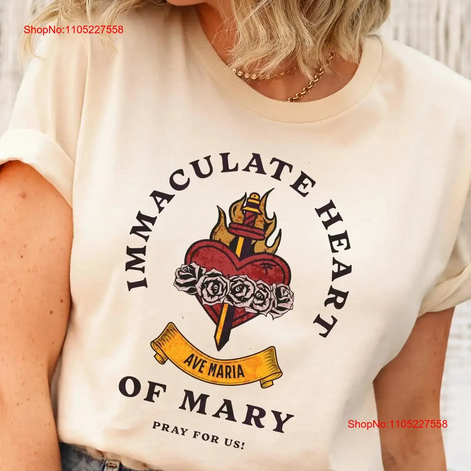 Camiseta Vintage Coração Imaculado de Maria para Mulheres, Vestuário Católico Mariano, Devoção à Ave Maria, Estilo Vintage Lavado