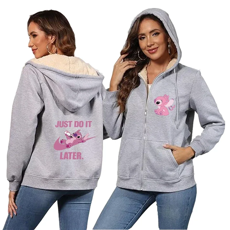 Kawaii Stitch Women Zip Up Hoodies Winter Fleece Hooded Sweatshirt Cute Cartoon Pullover Female Outerwear Sport Coat Streetwear