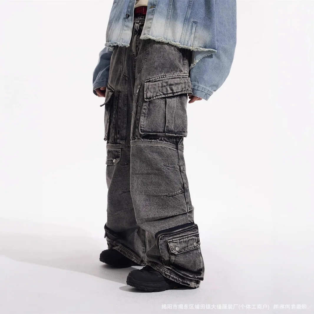 High Waisted Baggy Jeans for Women and Women Wide Leg Pants Punk Multi-Pocket Harajuku Washed Hip-Hop New Heavy Industry Y2K