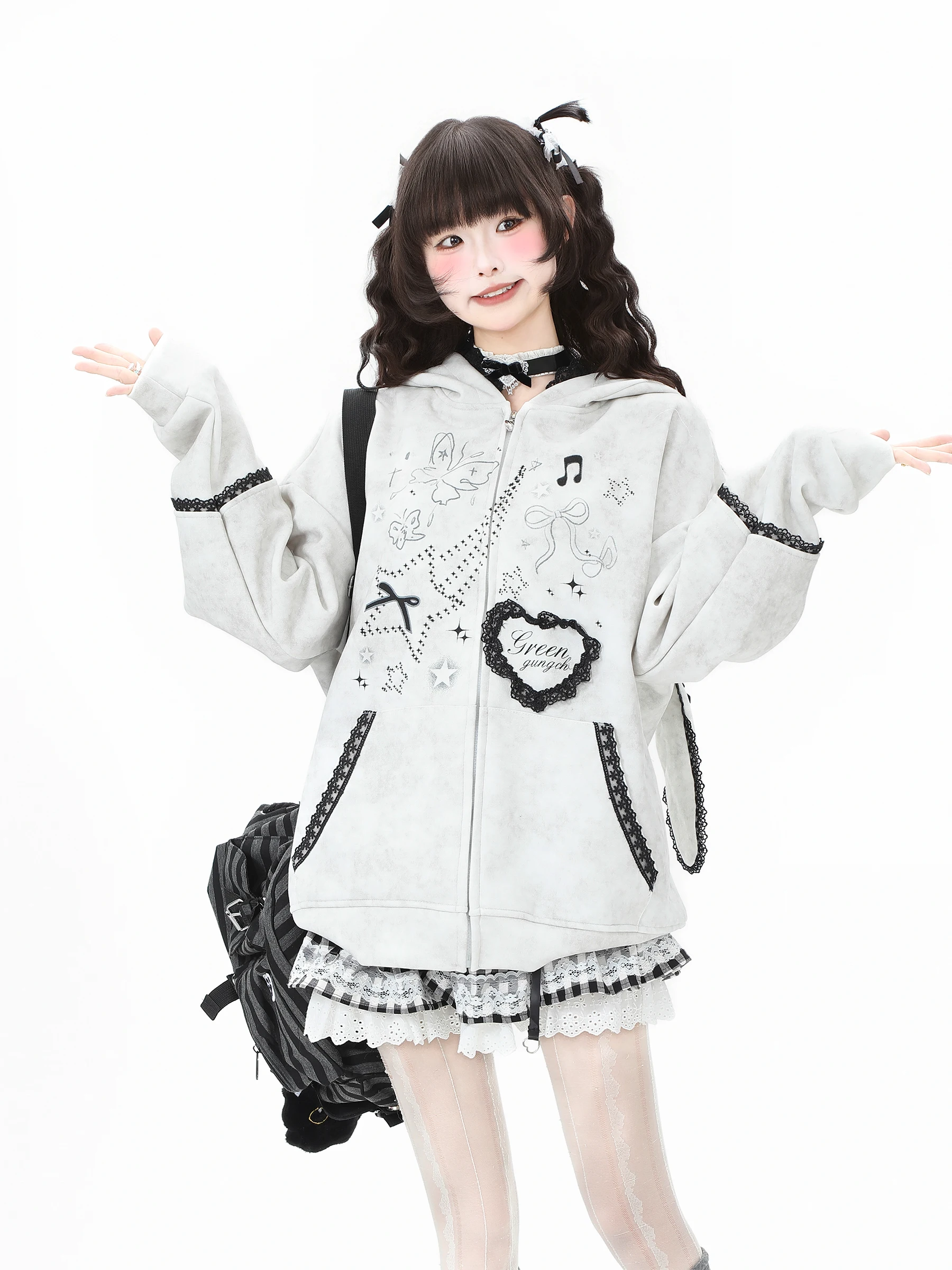 2025 Spring and Autumn New Style Bunny Ear Lace Blue Hooded Sweatshirt Jacket Women Loose Casual Pink White Gray Cardigan Top