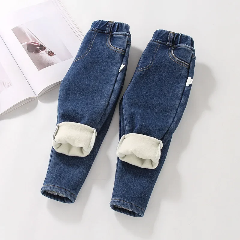 Children Jeans Boys Velvet Pants Kids Autumn Winter Girls Composite Integrated Pile Solid Color Denim Jeans Factory Direct Sales