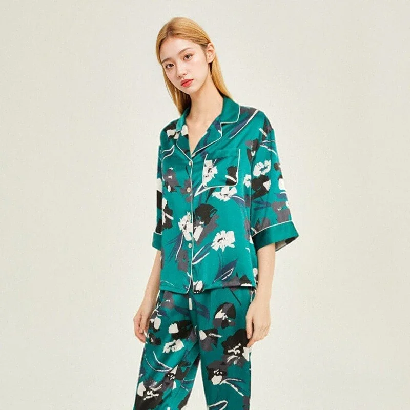 Floral Inkjet Printing 100% Mulberry Silk Sleepwear and Pyjamas Spring and Summer 19MM Real Silk Pajamas Women's Two Pieces Set