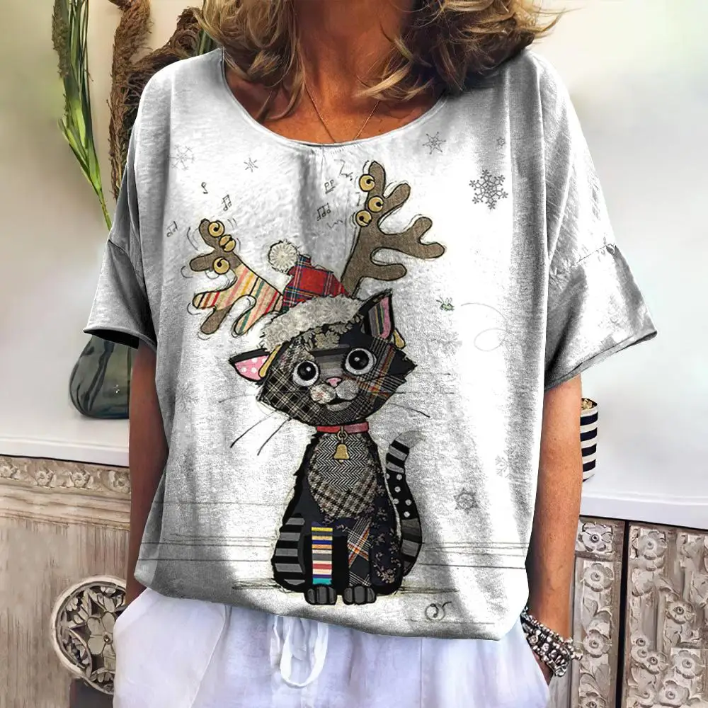 Moda bayan T-shirt 3D Kawaii kedi baskı Tees Tops 2024 yeni haruanimal hayvan kısa kollu T Shirt boy gevşek kadın giysileri