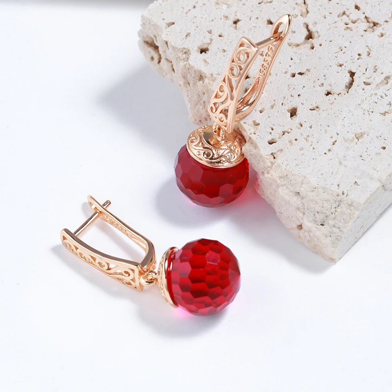 Kinel New 585 Rose Gold Color Long Dangle Earrings For Women Red Natural Zircon Ball Bride Drop Earrings Vintage Wedding Jewelry