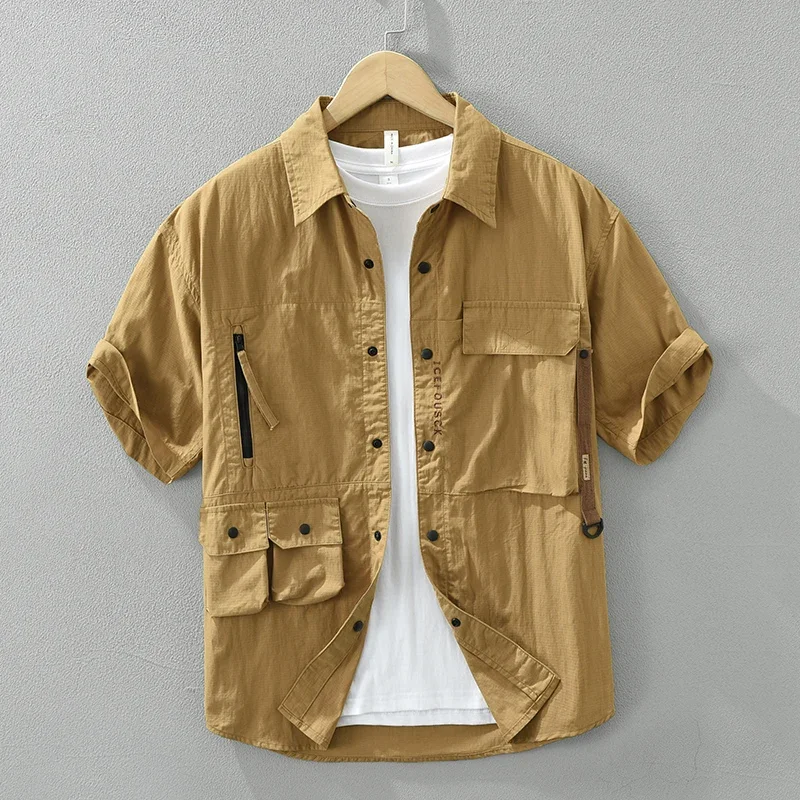 

2024 Spring New Oversize Shirts for Men Plus Size Vintage Casual Safari Style Multi Pockets Shirt