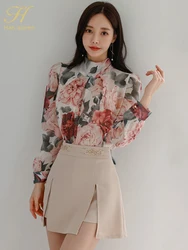 H Han Queen 2023 Autumn New 2-Piece Sets Long Sleeve Lace-UpBow Printing Top +Fashion Split Pencil Skirt Casual Women Suit Skirt