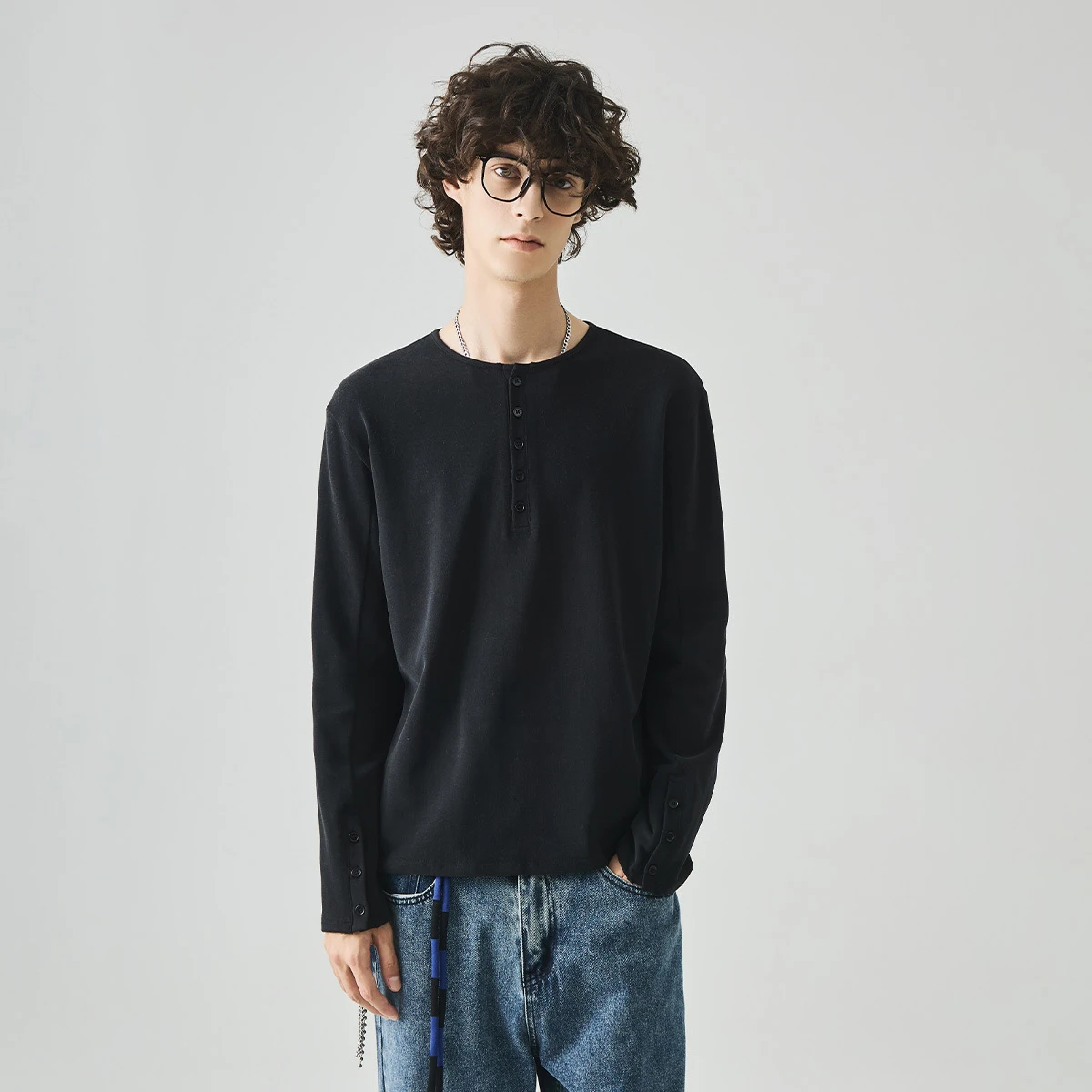 Autumn Long Sleeve T-Shirt for Men Solid Color Versatile Slim-Fit Inner Top, Black/Gray