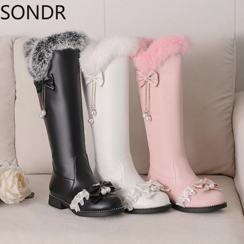 Womens Round Toe Bowknot Knee Thigh Boots Fur Liner Tassels Rhinestones Lolita Sweet Warm Winter Shoes Plus Size New 2024