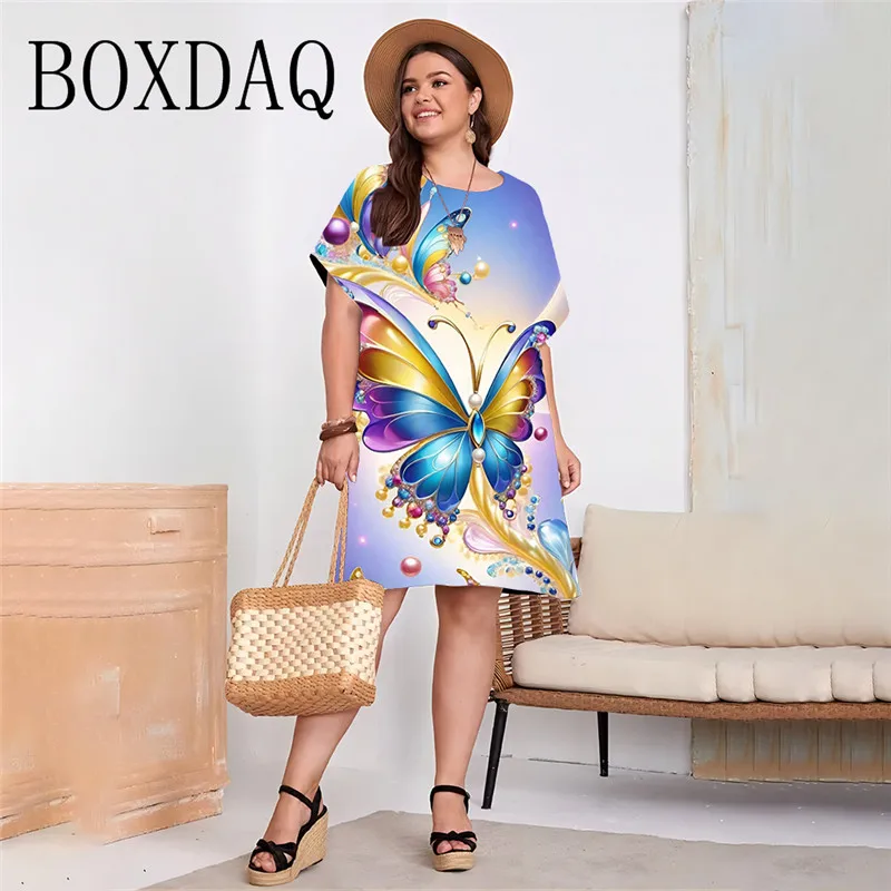 Fashion Short Sleeve Dress Elegant Plus Size Woman Clothing Coloured Flower Butterfly Print Dresses Summer Party Evening Dresses