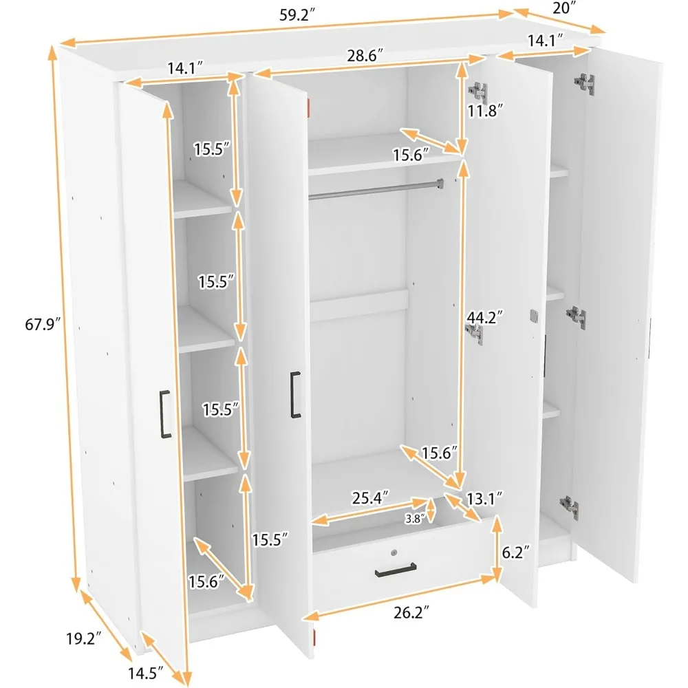 Freestanding 4-Door Wardrobe with Drawers, Shelves, Hanging Rail - Modern Closet Storage Cabinet for Clothes