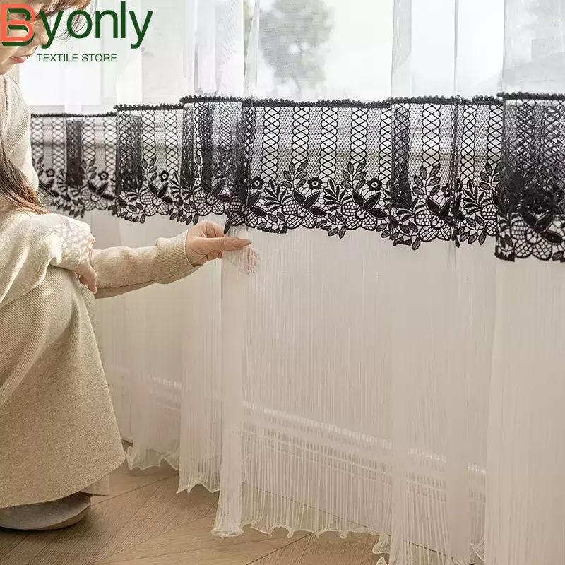 New High Skirt Black Lace Splicing White Screen Window Screen Curtains for Living Room Balcony Window French Window