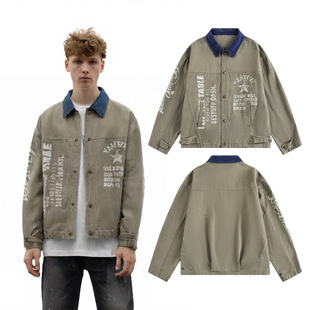 

Зимняя уличная одежда Y2k, мужская винтажная куртка с рабочим воротником и нашивкой, уличный стиль, повседневные потертые пальто в стиле хип-хоп с принтом в стиле ретро