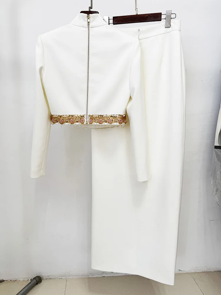 HIGH STREET Newest Fashion 2026 Designer Runway Suit Set Women's Diamonds Beaded Cropped Tops Long Skirt Set 2pcs