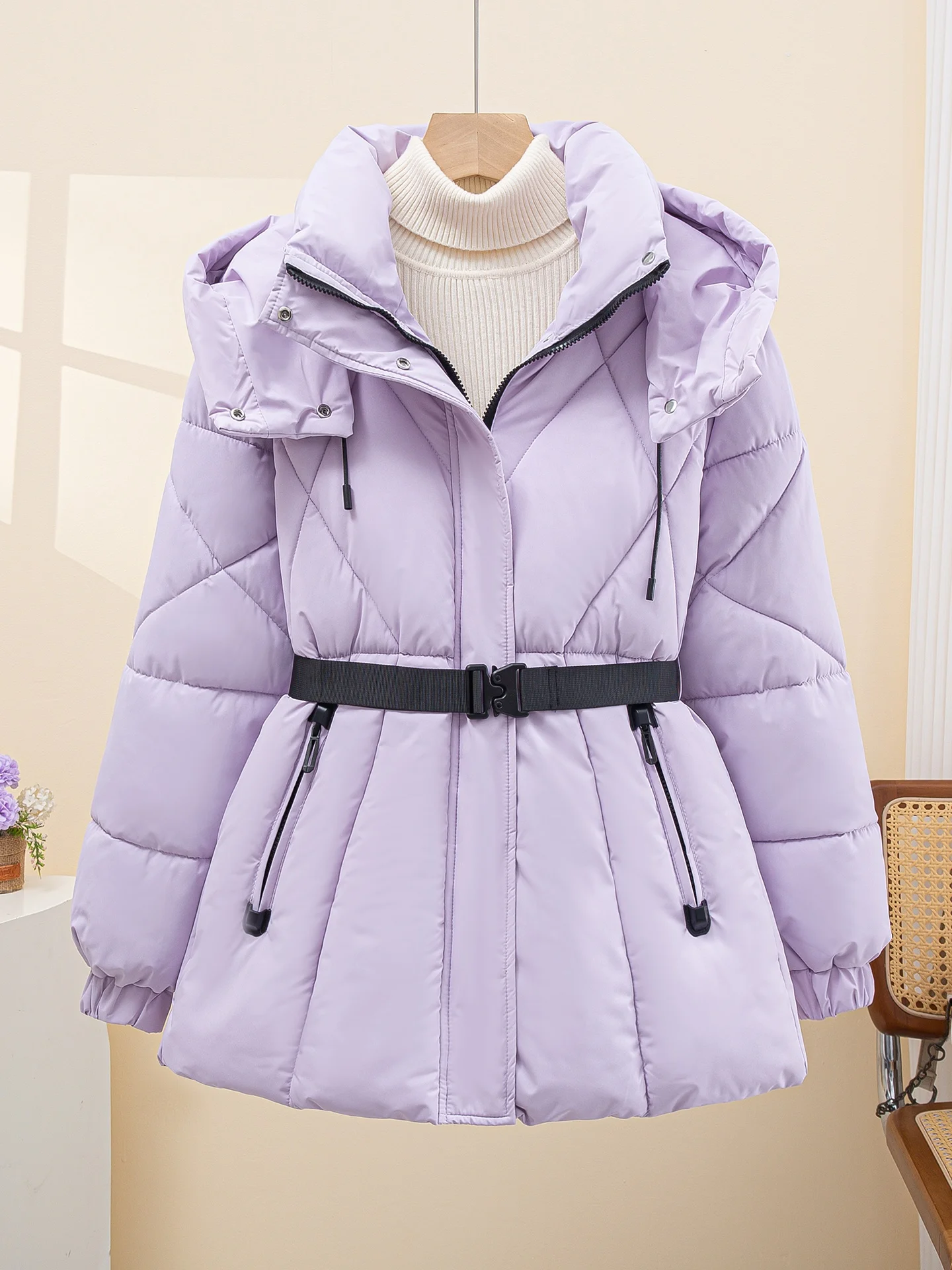 

Women's down Cotton Jaet 2025 New Winter Thiened Waist-Cinching Jaet Removable Hood Korean Sle Long Sve Coat