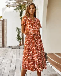 Vintage Floral Print Dress Women Boho Short Sleeve Long Dress Turn Down Collar Casual Waistband Shirt Dresses Robe 2021 Summer