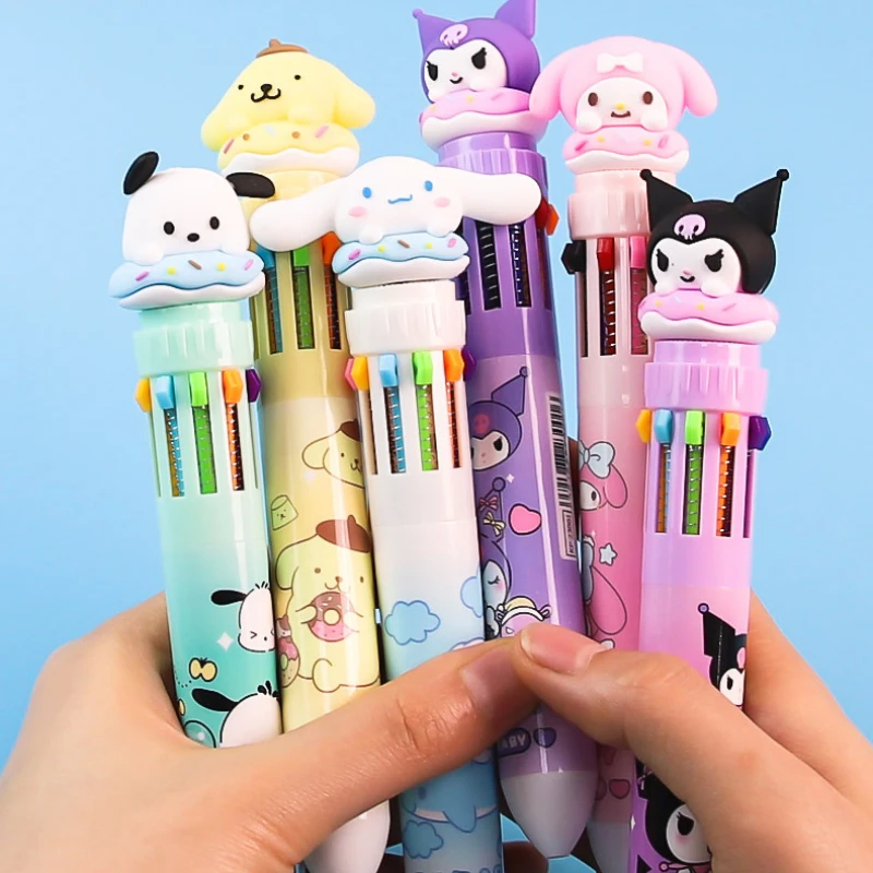 Sanrio tekan sepuluh warna pulpen pena kartun Kawaii Kuromi Multi warna siswa Gel pena Melody Sanrio alat tulis menulis pena lucu