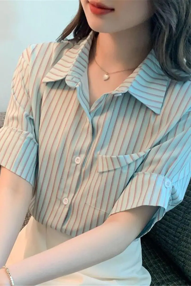 Striped Blouse for Women's Summer New Style Unique Chiffon French Collar Short Sleeved Top