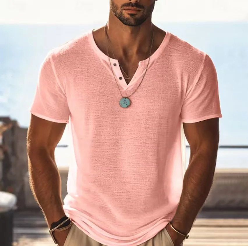 Summer New Henley Shirts Men's Fashion Tees Tops Button V-neck Short Sleeve Solid T Shirt Man