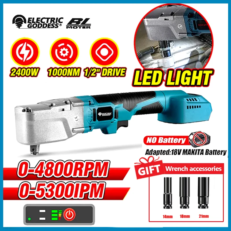

Электрический ключ 1000 Нм, 4800 об/мин, беспроводной ударный гайковерт, бесщеточный двигатель, светодиодный светильник, ручной ключ для аккумуляторного штифта Makita 18 В