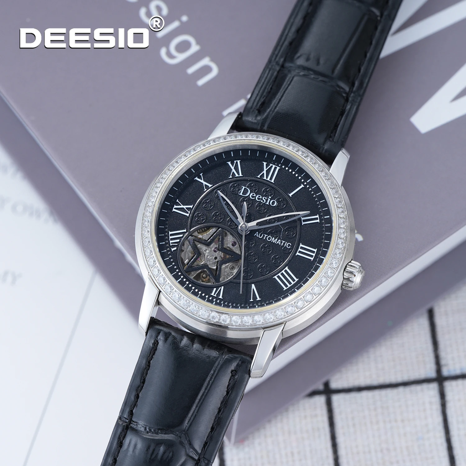 Deesio Women's Elegant Luxury Mechanical Watch-leather Band Roman Star Hollow Dial 50M Waterproof Fashion Dress Women Wristwatch