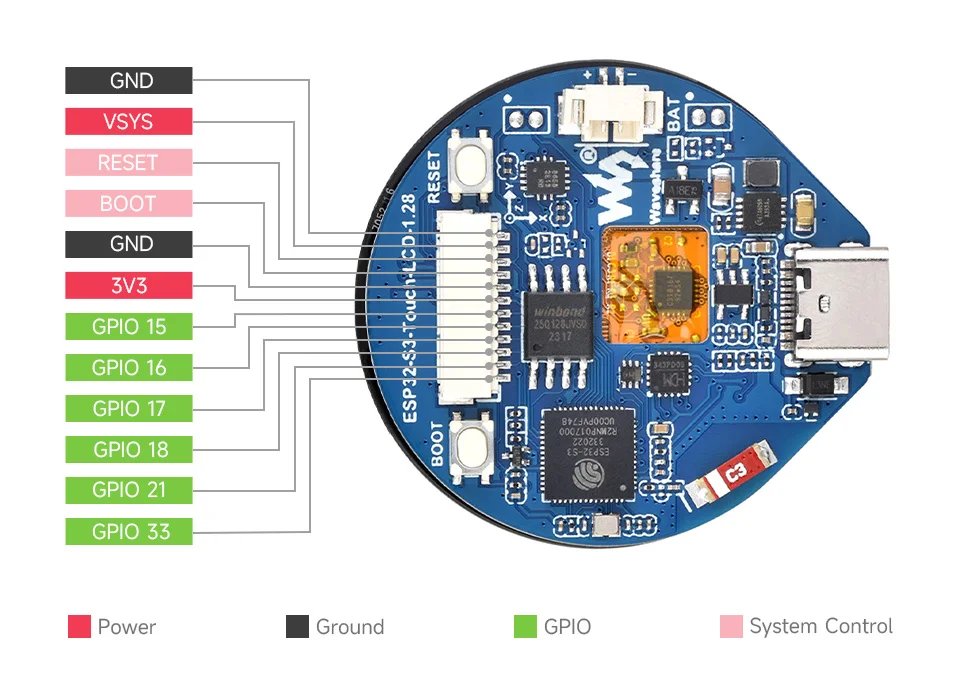 Płytka rozwojowa Waveshare ESP32-S3-Touch-LCD-1.28 z 1,28-calowym okrągłym dotykowym wyświetlaczem LCD, akcelerometrem i żyroskopem dla Arduino