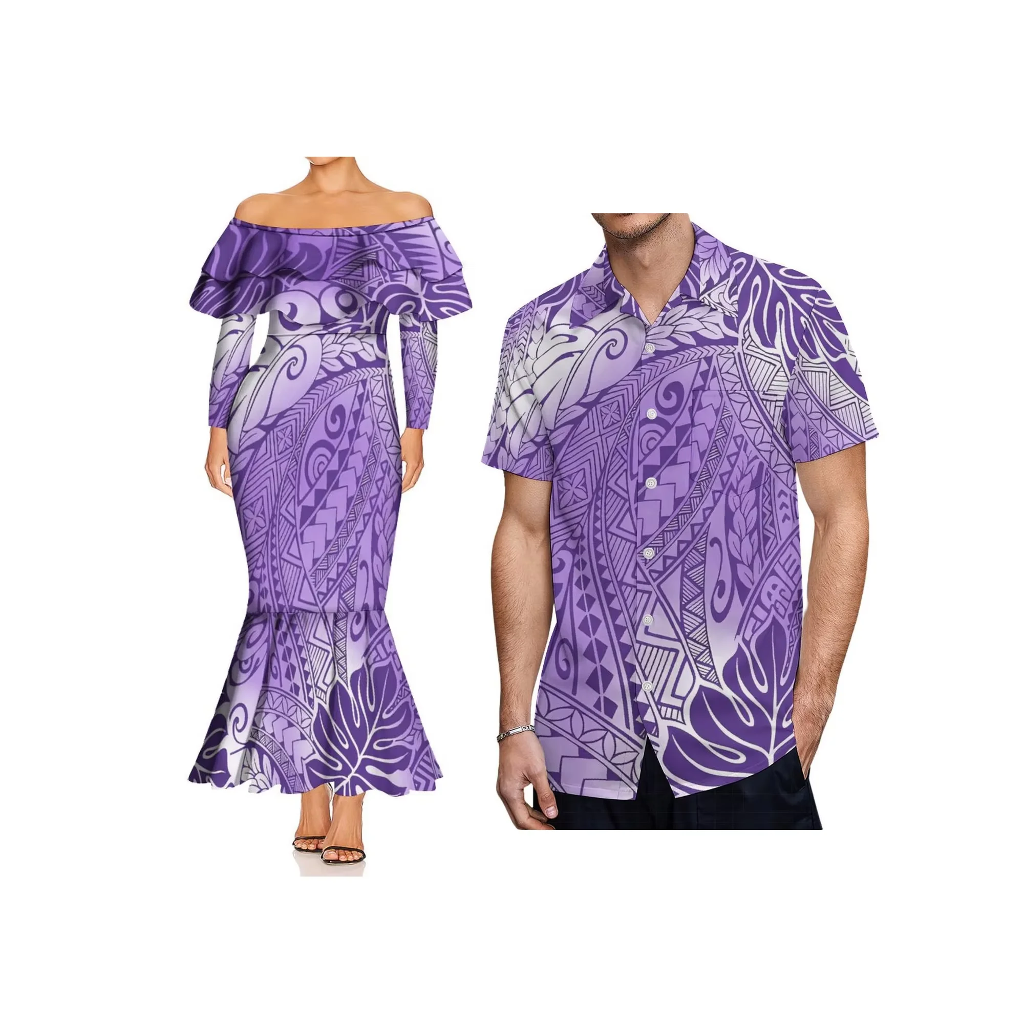 Vestido de Noche de Sirena con Doble Volante Personalizado, Diseño Polinesio, Hombros Descubiertos, Manga Larga, Ajustado, Cola de Pez para Mujer - ¡Gran Oferta!