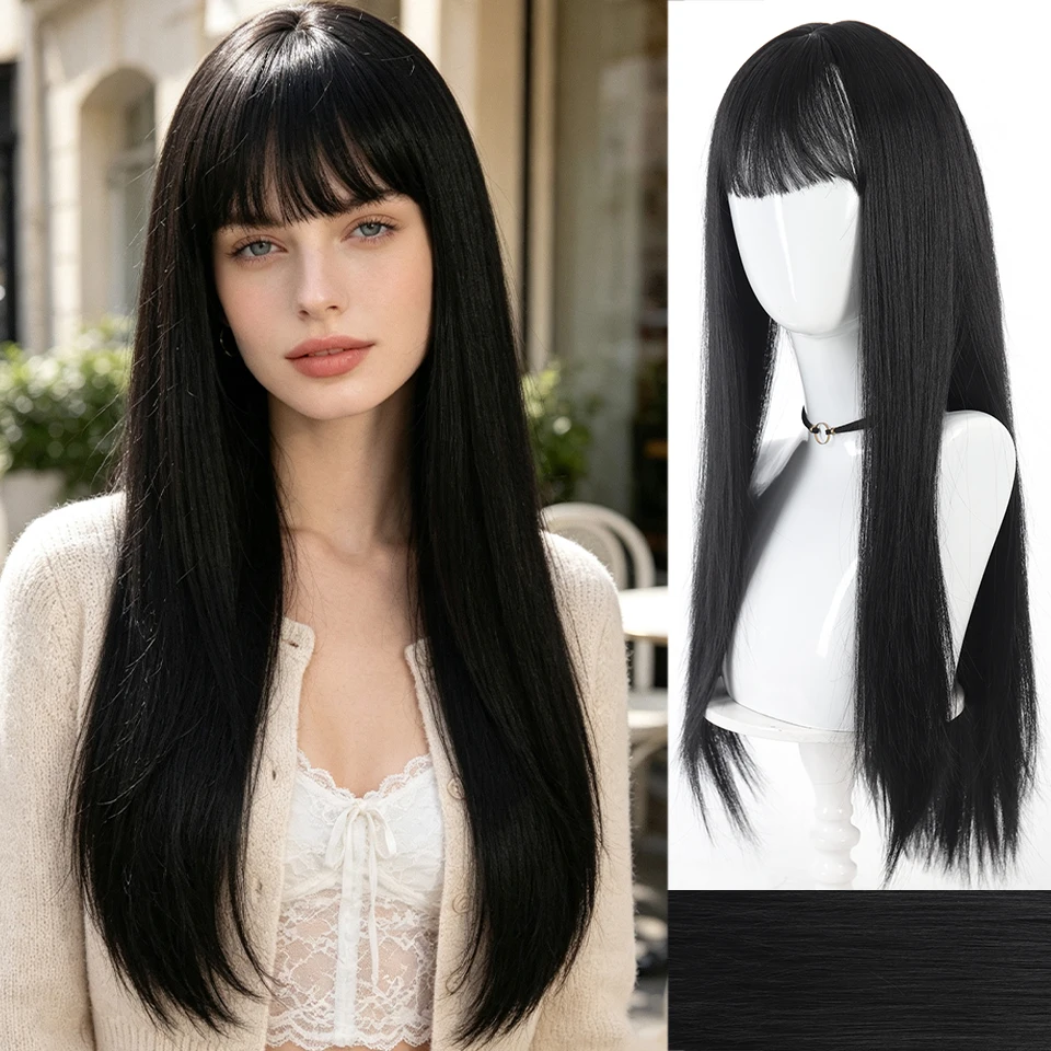 Synthetic Long Silky Straight Wigs with Bangs  Black Cosplay Party Lolita Hair Wigs for Women Natural Heat Resistant Wig