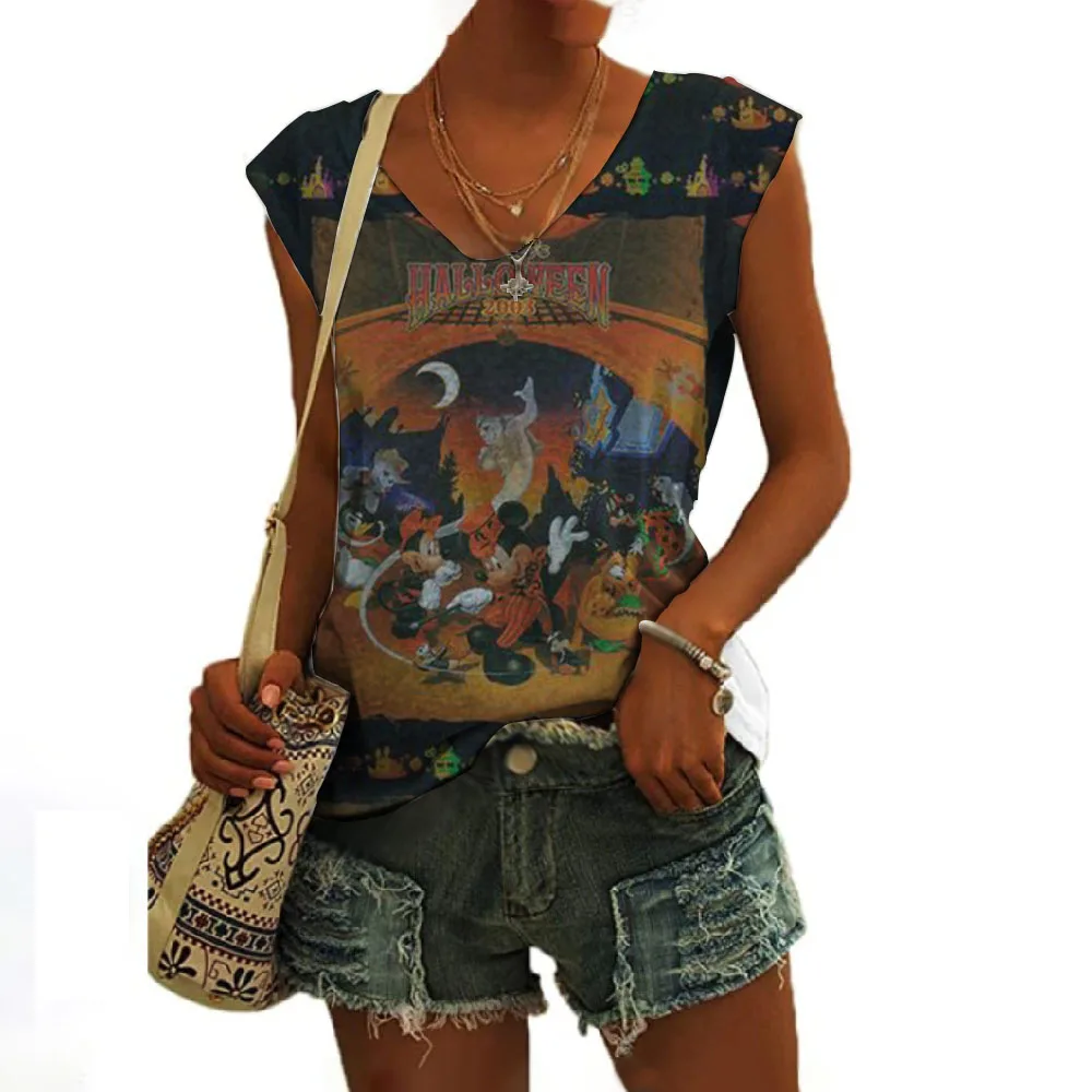 

2024 Summer Women's New Halloween Mickey Cartoon Print Fashion Comfortable Ladies Waistcoat Casual V-neck Vest T-shirt