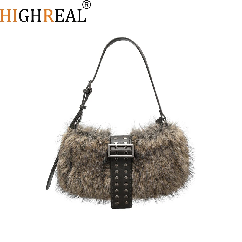 

New Hot Women Faux Fur Bags Classics Lady Tote Bag Plush Shoulder Bags Fashion Imitation Raccoon Fur Handbag Bag Evening Bag