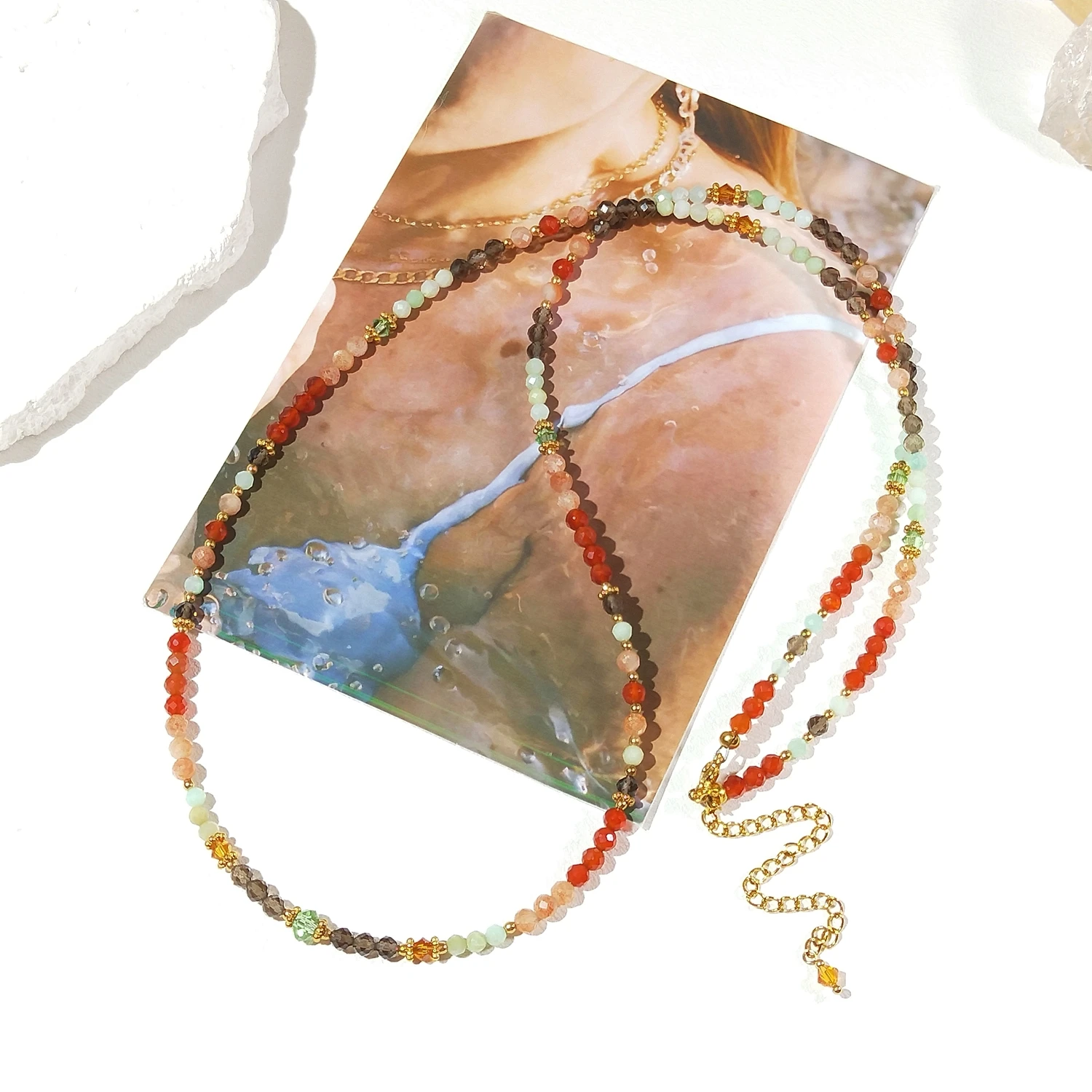 

Lii Ji 4mm Chrysoprase Sunstone Carnelian Smoky Quartz Stainless Steel Waist Chain 75+9cm Natural Stone Jewelry