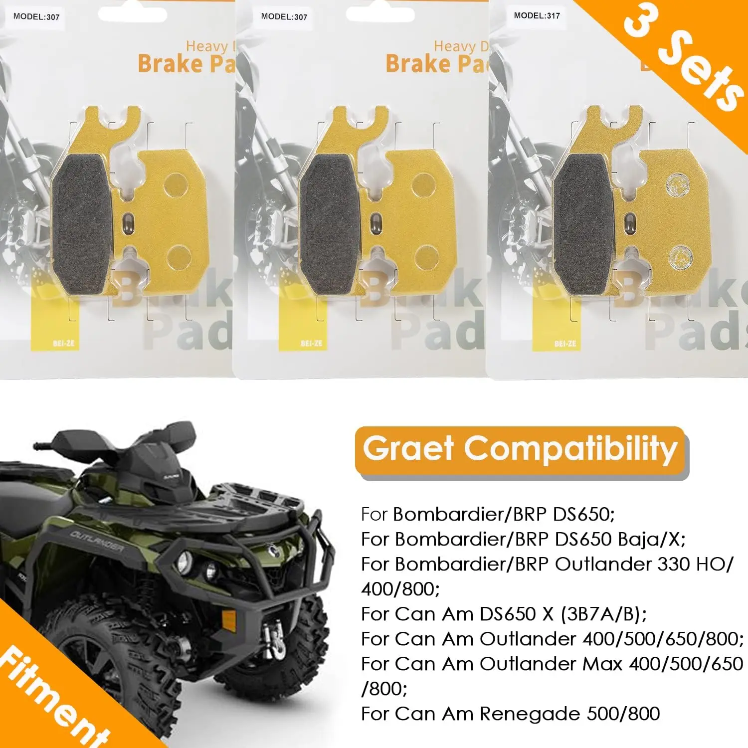 TML Front & Rear Ceramic Disc Brake Pads Kit for Can Am DS650 X 2007, Can Am Outlander 2007-2012, Can Am Outlander Max 2007-2014