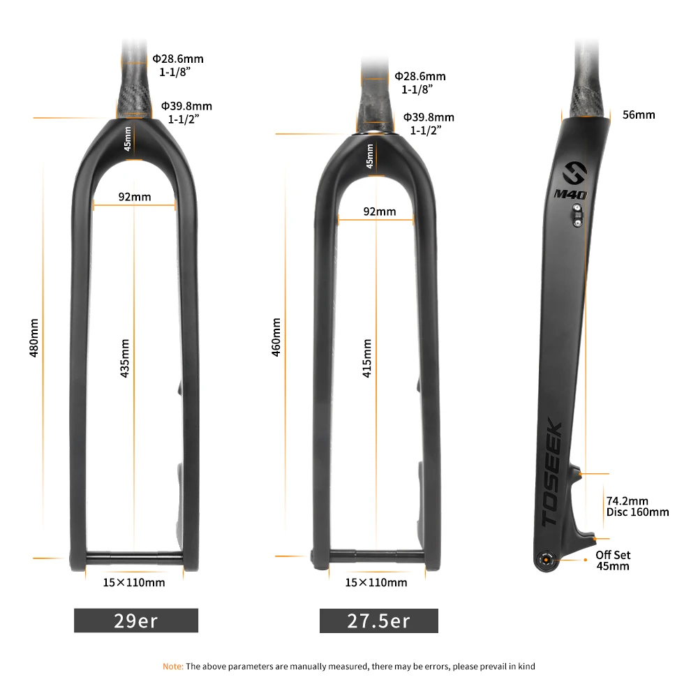 TOSEEK MTB Thru Axle15*110mm Full Carbon Fiber Bike Front Fork 27.5/29