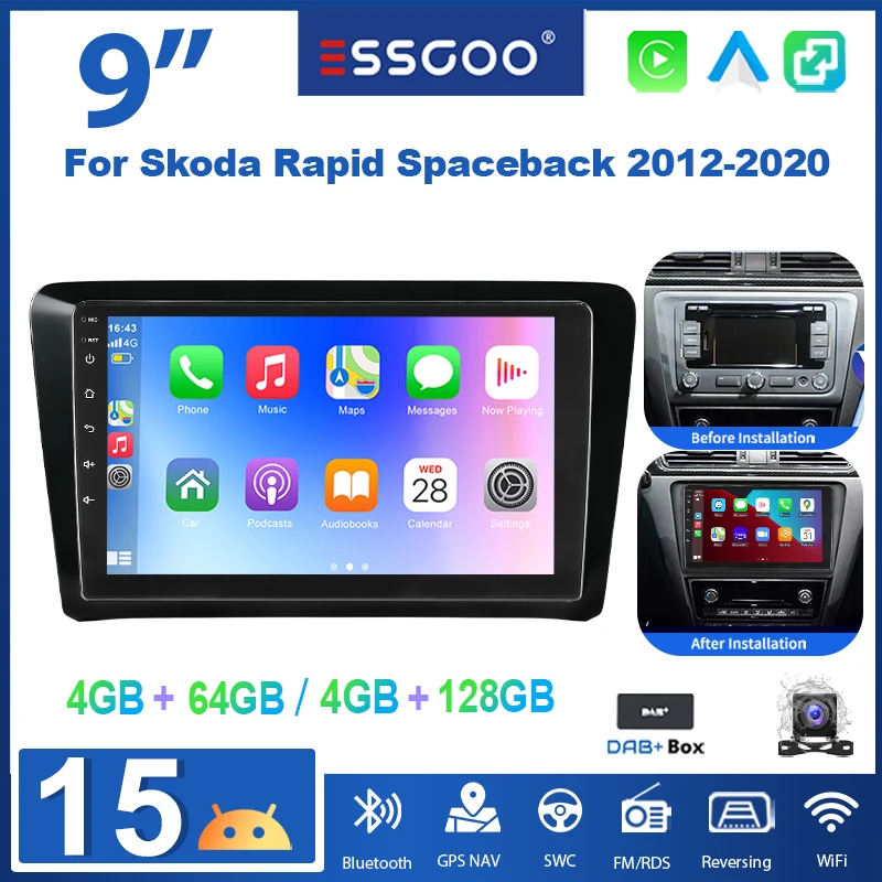 ESSGOOO 9 " Android 15 4+64G/4+128G Für Skoda Rapid Spaceback 2012-2020 Kabelloses CarPlay Autoradio GPS Navi WiFi BT RDS FM SWC