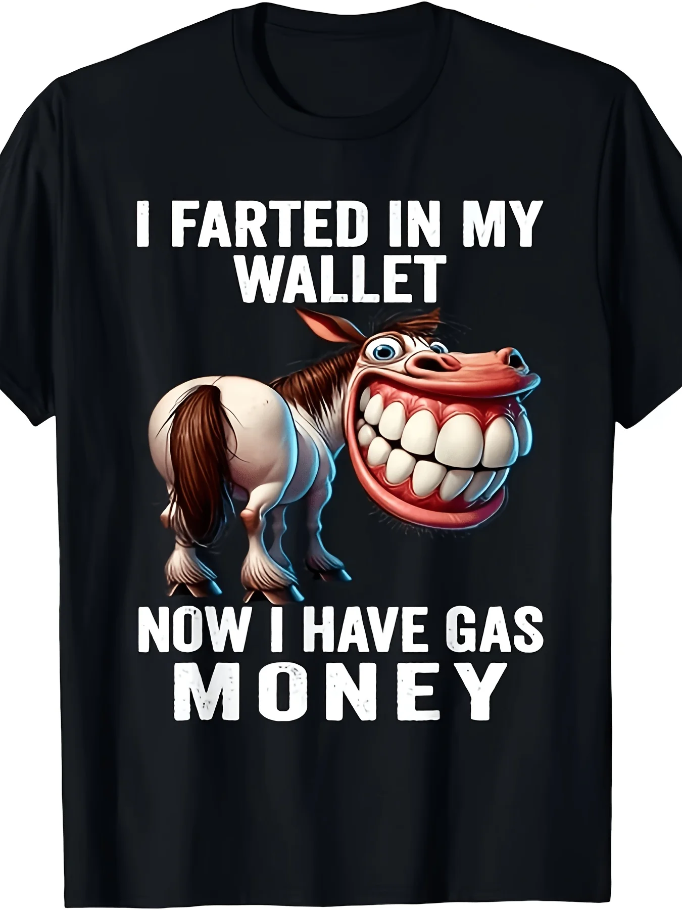 I Farted Into My Wallet with A Fun T-shirt Cartoon Horse and Fart Pattern - Humorous Retro Printed T-shirt for Men and Women