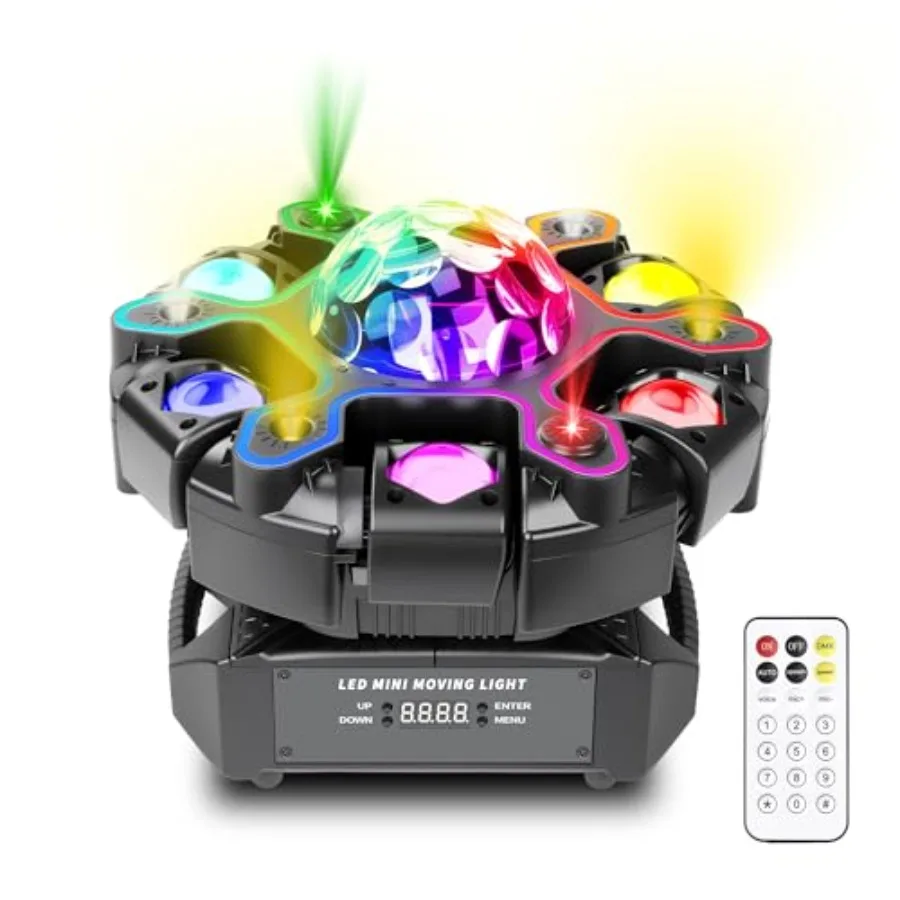 

Moving Head DJ Lights, 5in1 Stage Effect Light with 6-Arm LED Beam, Disco Ball, Starry Projection, Strobe, Colorful Light Strip