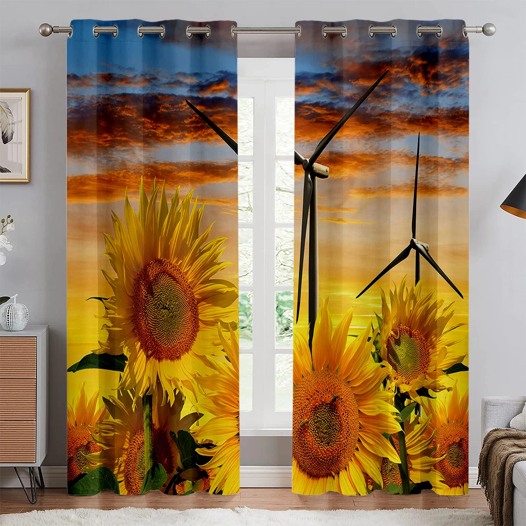 2 Piece Sunflower Sea Curtain Golden Epic Living Room Bedroom Kitchen Balcony Window Decor Kitchen Short Section