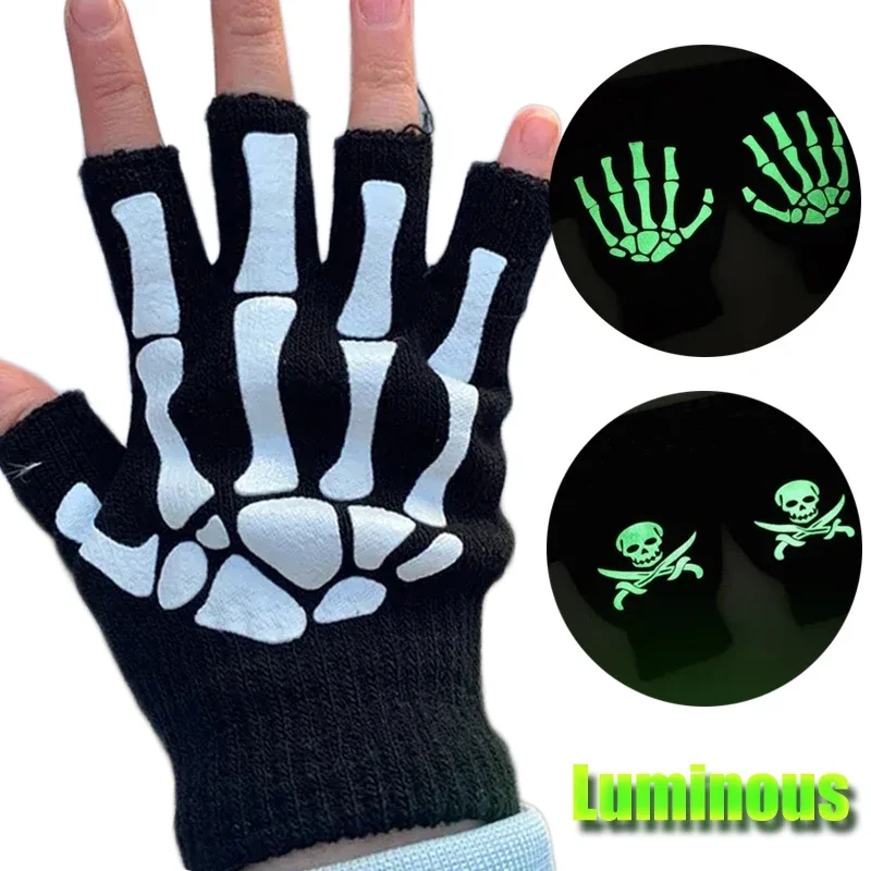 New Punk Gloves Unisex Halloween Skeleton Skull Half Finger Gloves Glow in The Dark Fingerless Stretch Knitted Winter Mittens