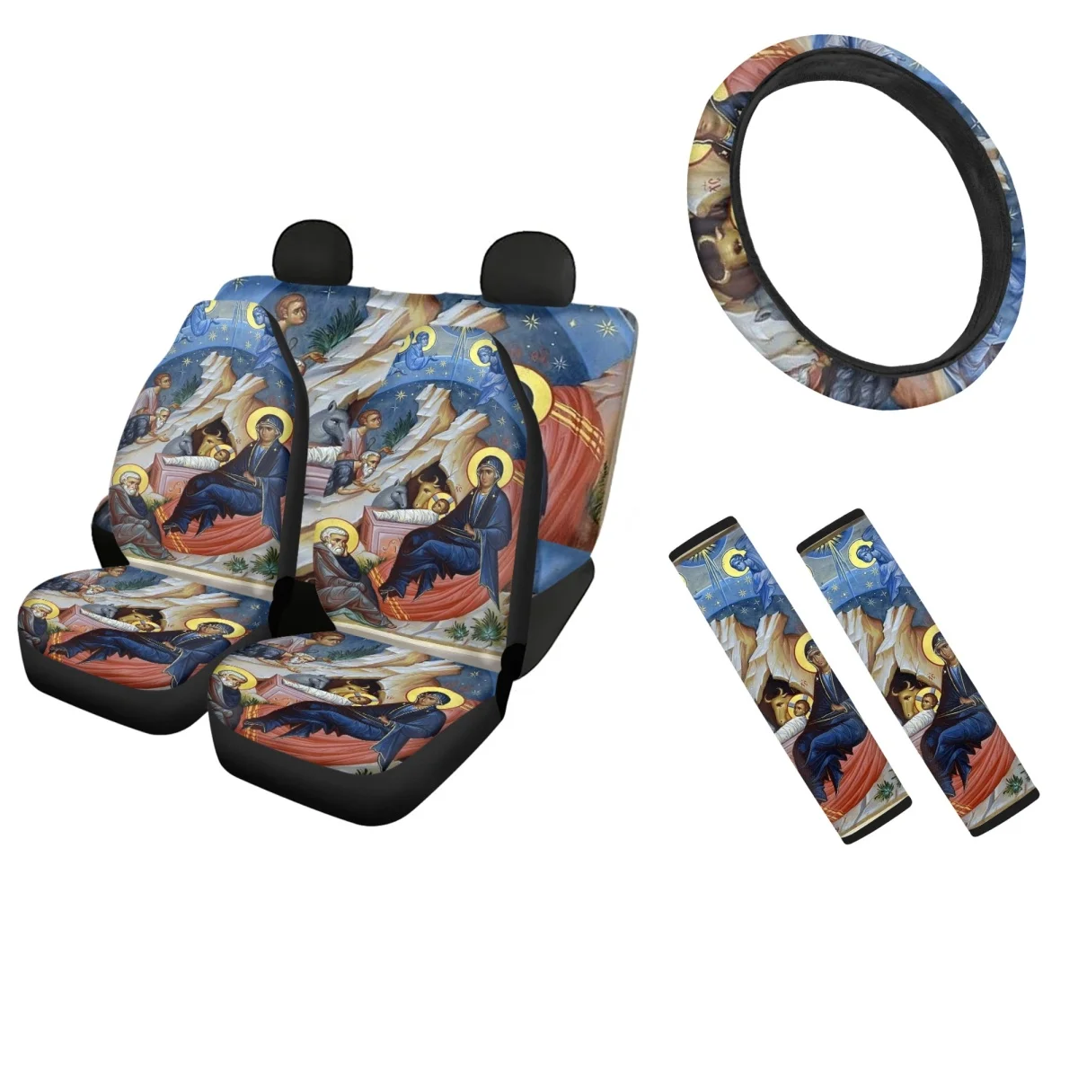 

Funny 3D Epiphany Front and Back Car Seat Covers Vehicle Accessories Slip-Resistant Seat Belt Sets Cover Steering Wheel Cover