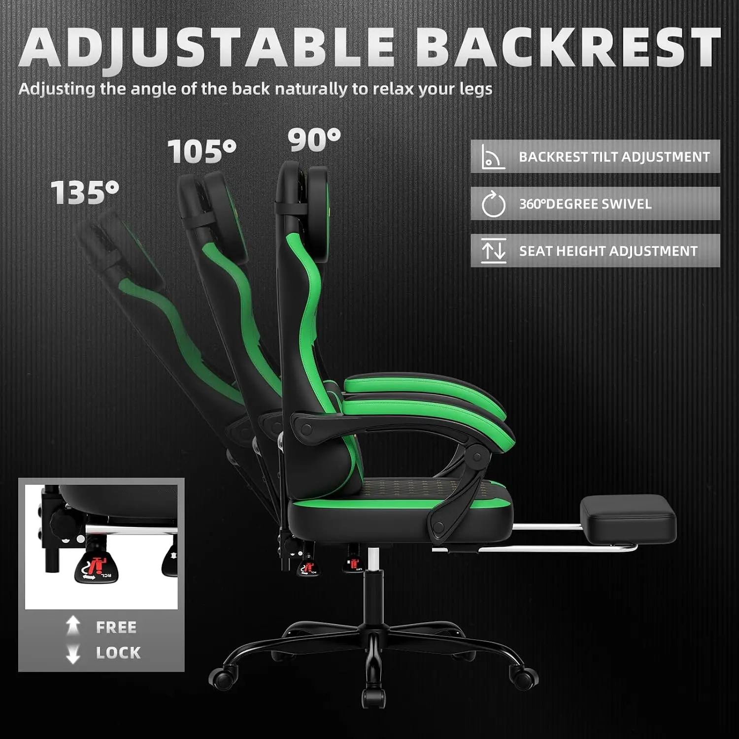 Ergonomic Gaming Chair with Footrest & Massage Lumbar Pillow, Height Adjustable 360° Swivel Computer Chair, Linked Armrest & Headrest for Office Gaming (Black Green image 4