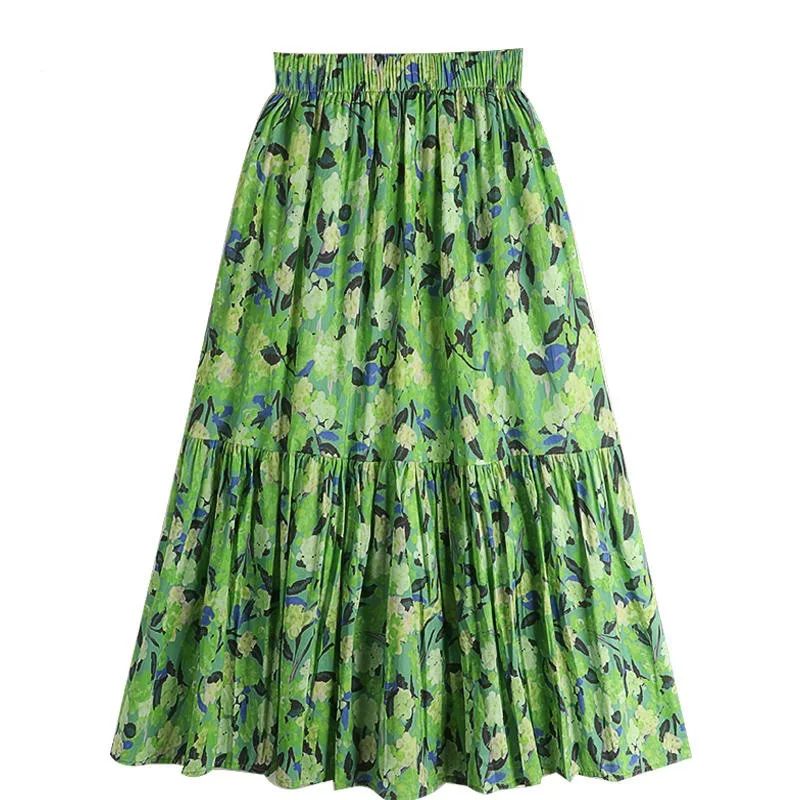 Women Vintage Floral Print Pleated Streetwear Midi Skirts Female Summer Trendy Elastic High Waist Sweet Chic A-line Skirt Faldas