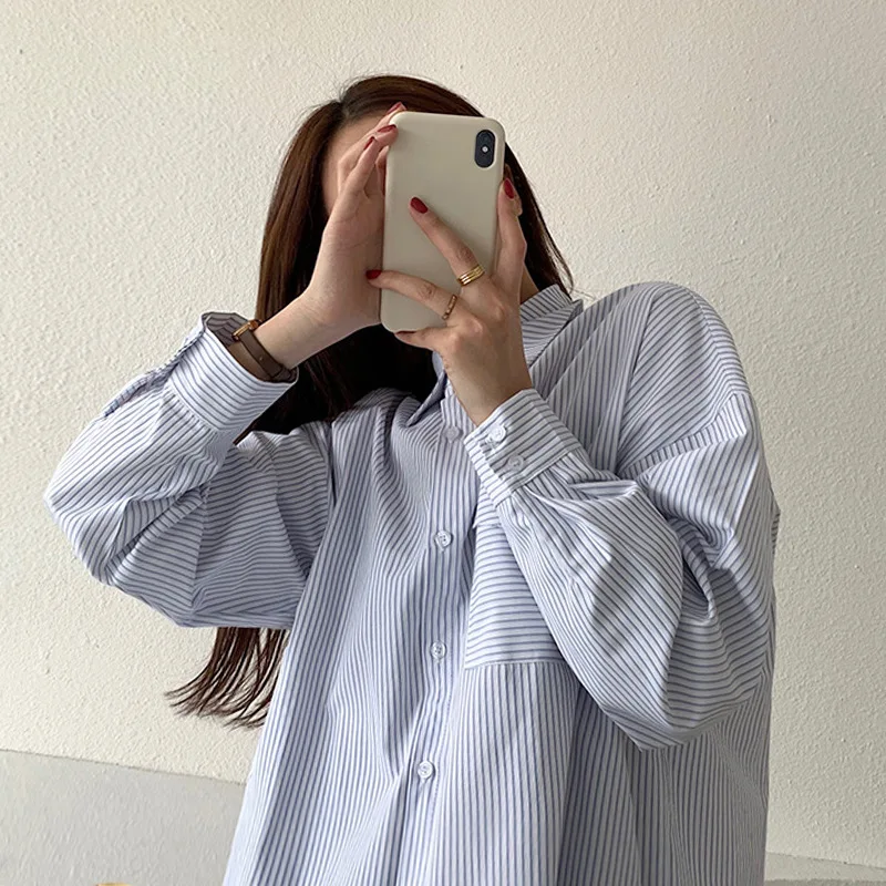 

Women Office Lady Striped Shirts 2025 Spring & Autumn New Women's Blue Striped Shirt Outerwear Design Long Sleeve Niche Top