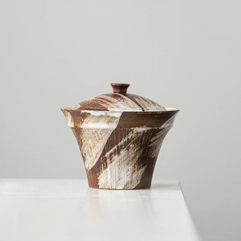 Pink-glazed Gaiwan, two-piece bowl, hand-grip bowl, retro antique Japanese-style single tea set for home kung fu tea brewing