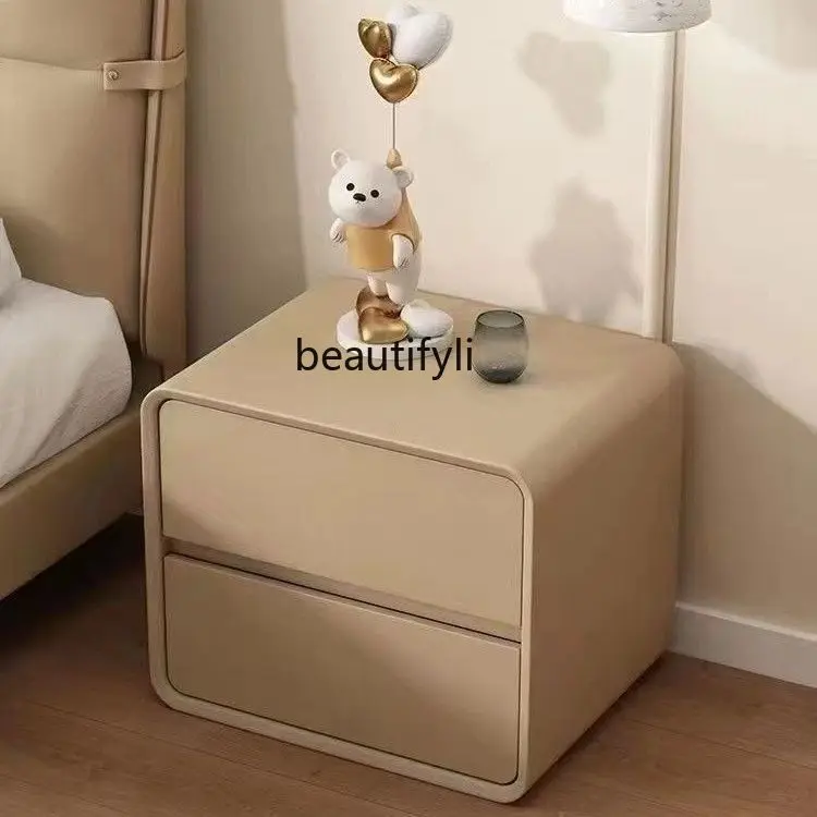 

Solid Wood Bedside Table Ultra-fiber Leather Bedside Cabinet Cream Style Bedroom Minimalist Modern Storage Cabinet