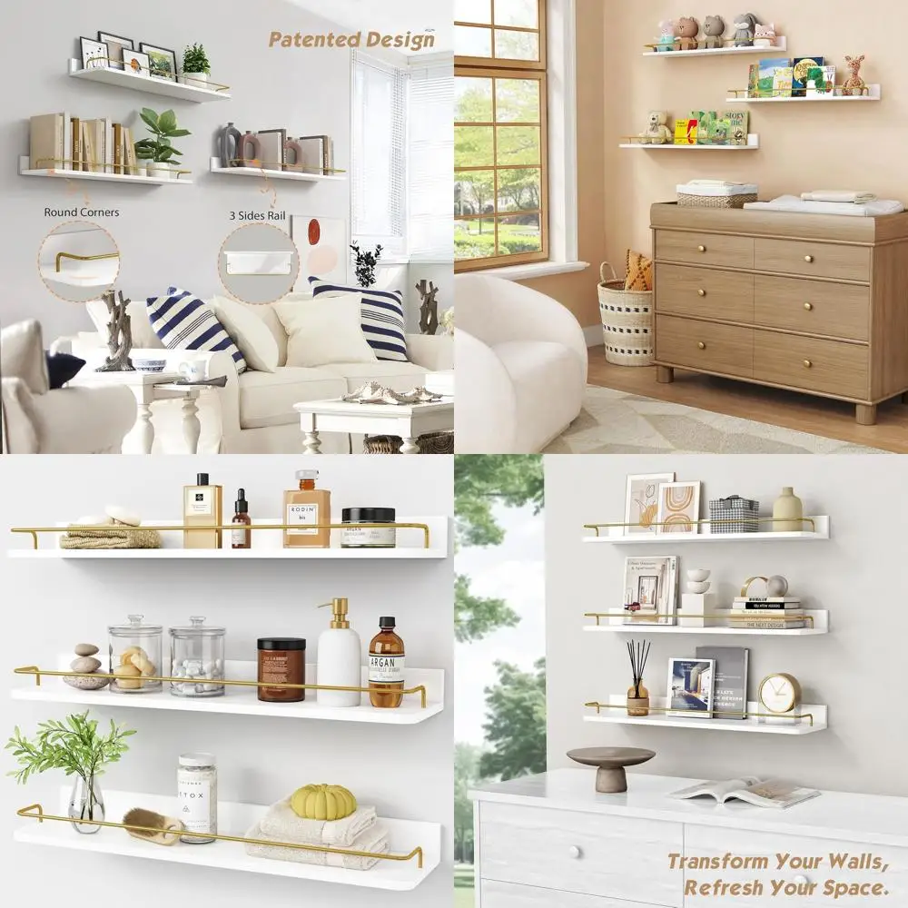 

Set of 3, 24 Gold & White Floating Shelves - Wall Mounted Over Toilet Storage for Bathroom, Bedroom, Office, Living Room Decor