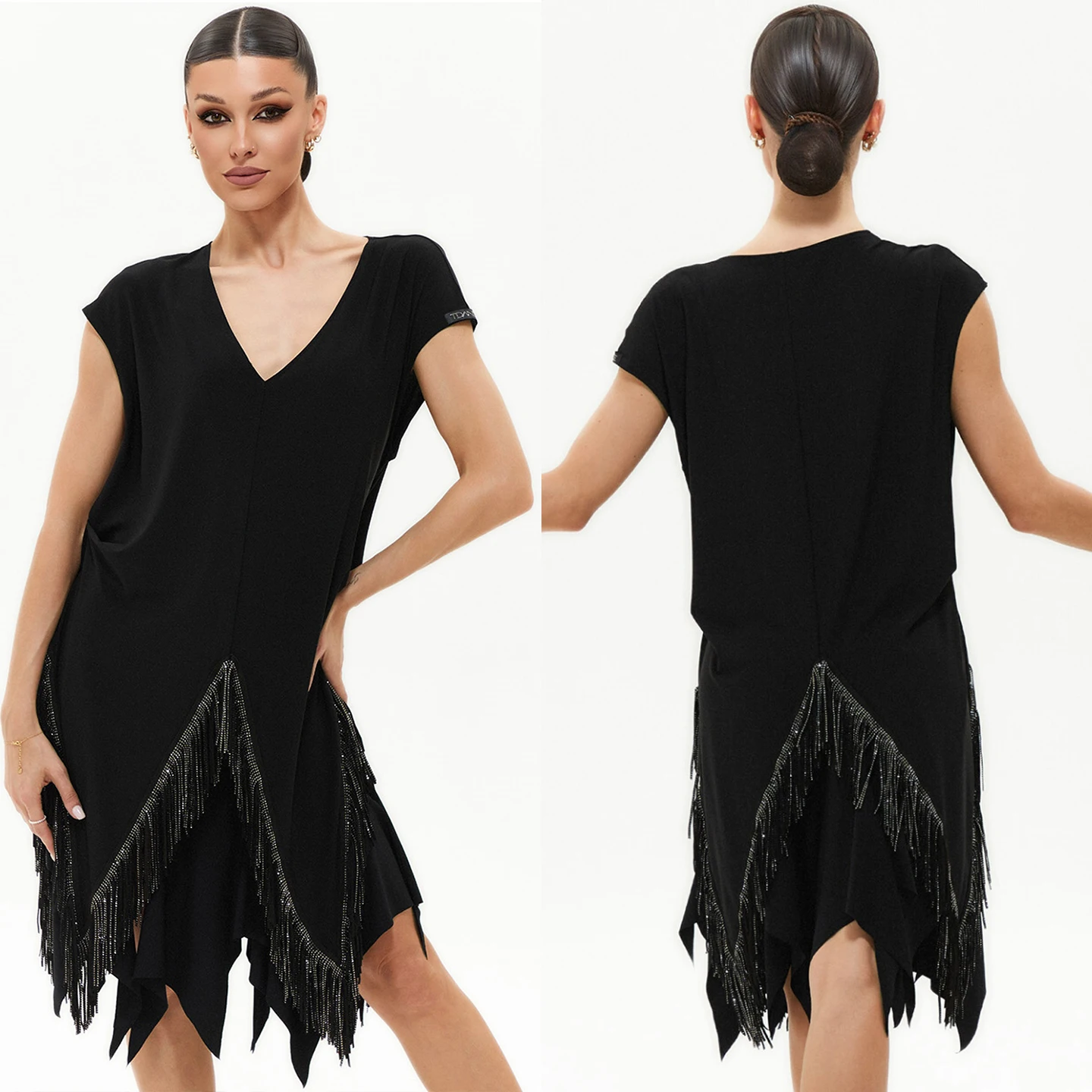 Rhinestone Tassels V Neck Loose Latin Dance Tops Women Short Sleeves Black Practice Performance Clothes Adult Rumba WearDNV25218