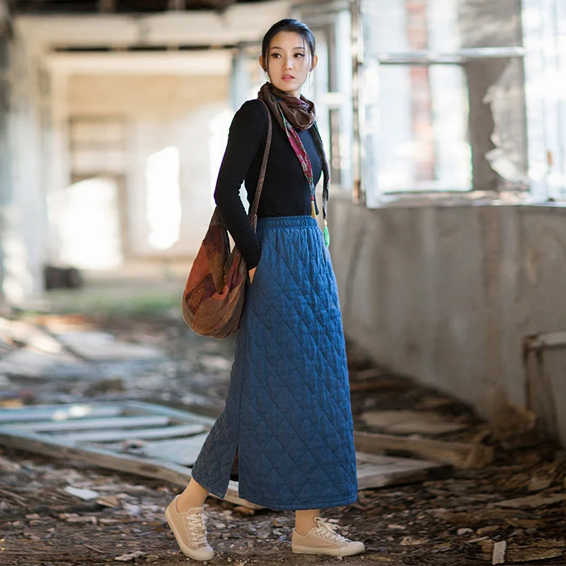 Gonne in cotone ramiè invernale da donna vintage stile A Vita elastica a vita alta 2025 Gonne lunghe spesse calde in cotone stile cinese più