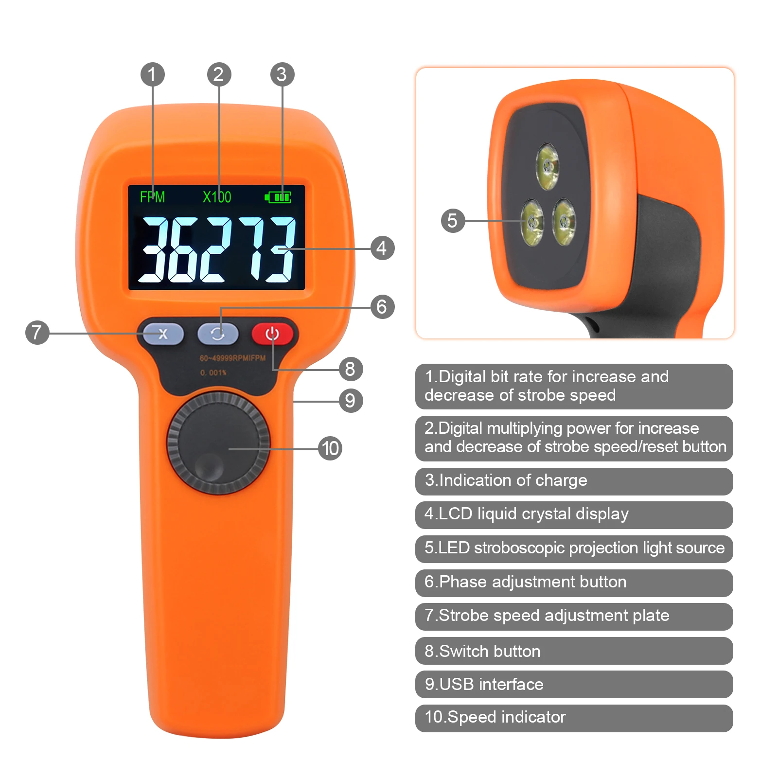 Handheld LED Stroboscope Tachometer High Bright USB Rechargeable Non Contact RPM Tester for Printing Textile Motor
