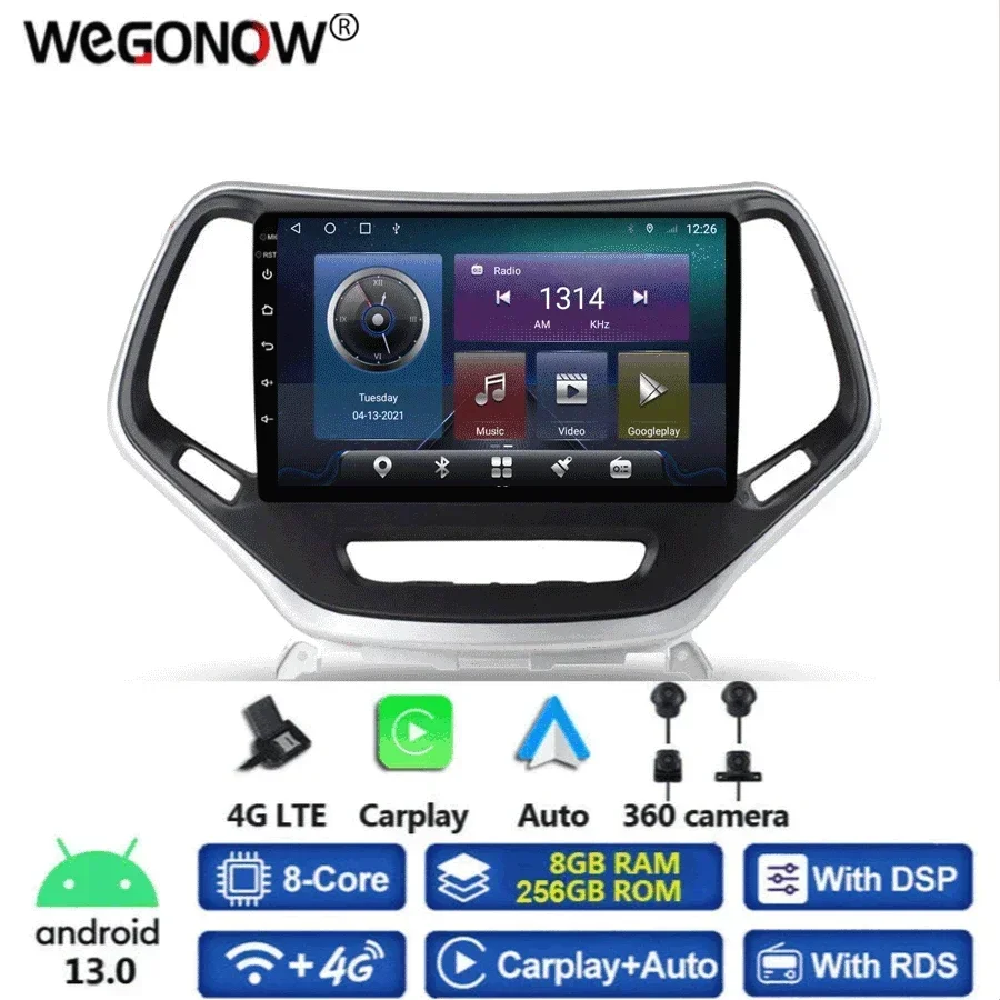 360 Panoramic Camera Carplay CanBus 8GB+256GB Android 13.0 Car DVD Player GPS WIFI Bluetooth Radio For Jeep Cherokee 2014 - 2017