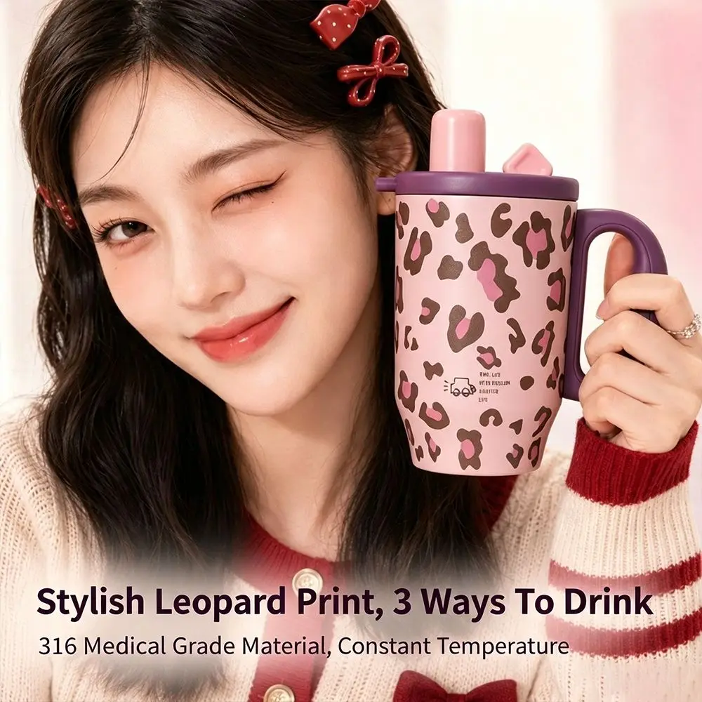 New Leopard Print Insulated Tumbler Insulated 750ml Thermos Cup with Handle and Straw Portable Straw Tumbler Car Use